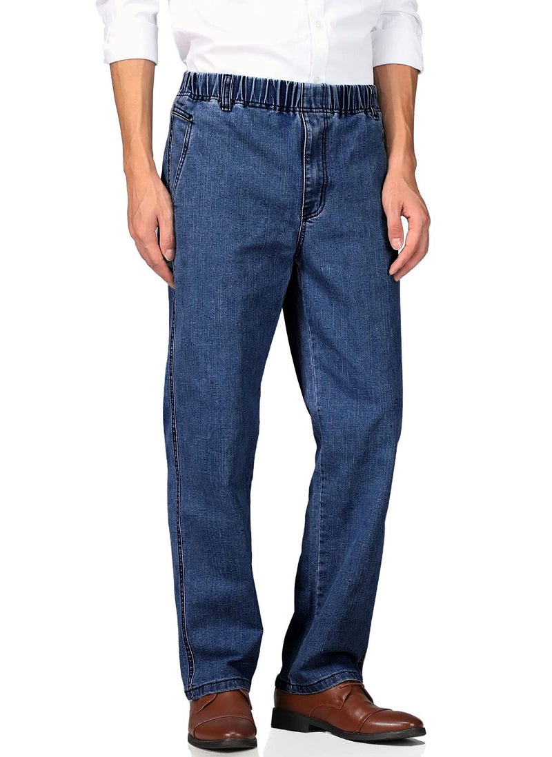 Soojun Mens Casual Loose Fit Elastic Waist Denim Pants, Indigo, 34W x 30L - Image 2